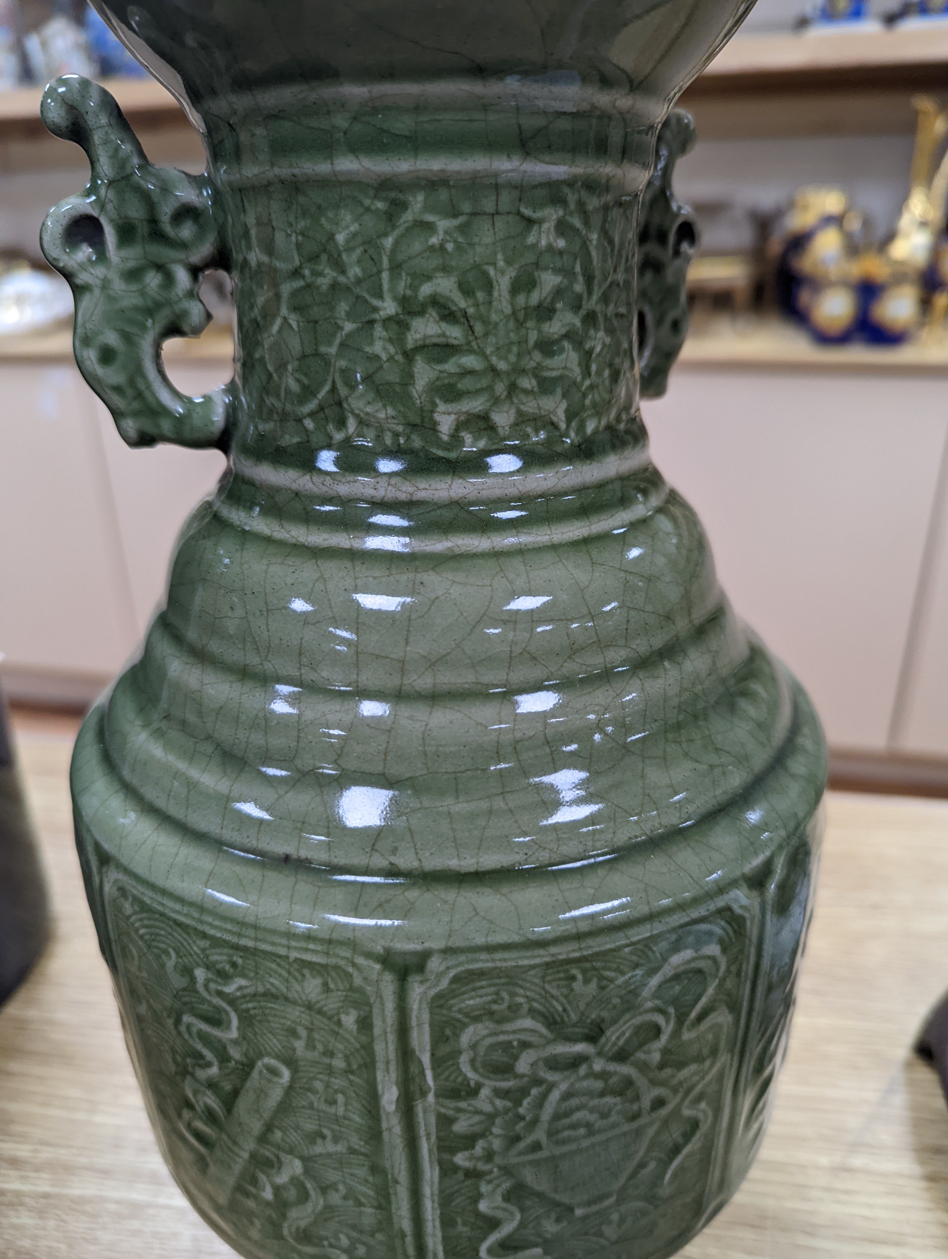 A pair of Chinese celadon glazed vases 35cm